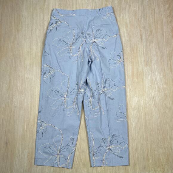Zara Blue Floral Embroidered High Waist Elegant Chic Linen Blend Pants Medium - Picture 10 of 13